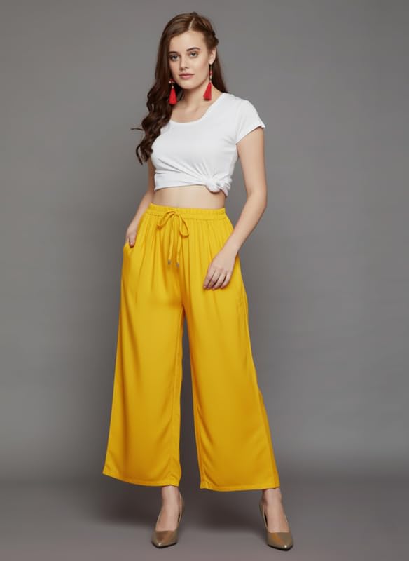 Image of Super Soft Viscose Rayon Flared Palazzo Pants for Women Stylish Wide Leg Straight Relaxed Fit Casual Ethnic Office Wear