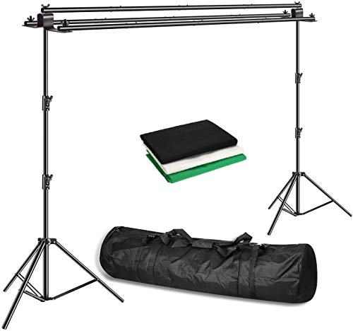 Image of Triple Crossbar 10 ft Wide 8.5 ft Height Backdrop Stand, Photo Video Studio Heavy Duty Adjustable Photography Muslin Background Support System Kit - 3 in 1 | 3 Curtains, (bg-00all)