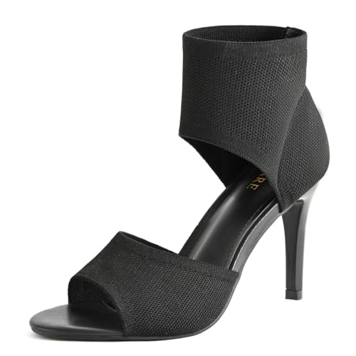 Image of Peep Toe Heels for Women Sexy 3 Inches Stiletto Heeled Sandals for Women Open Toe Wide Stretchy Knit Heel Sandal Booties Slip On Comfortable Dressy Shoes for Prom, Party and Work