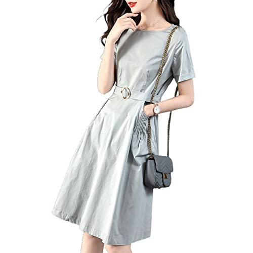 Vestidos casuais femininos elegantes com cinto e bolsos manga curta gola redonda vestido na altura d