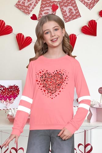 Image of LAZYCHILD Kids Valentine Shirt Girls Valentines Day Shirts Heart Graphic Long Sleeve Striped Tee Tops 5-14 Years