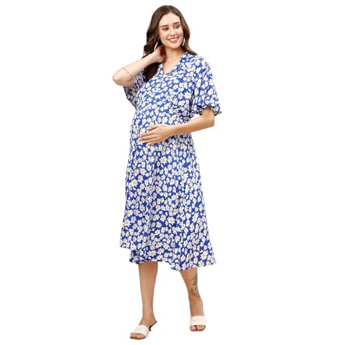 Image of MomToBe Womens Fit And Flare Midi Rayon Maternity /Pregnancy /Easy Breastfeeding /Western Dress with Zippers for Nursing Pre and Post Pregnancy
