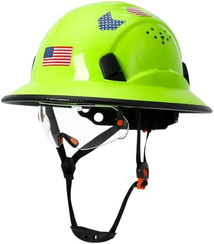 Full Brim Hard Hats Construction OSHA Approved with Clear Visor - ANSI Z89.1 Vented Lime Hard Hat with Chin Strap Cascos De Construccion Safety Helmet for Men Women 6 Point Suspension