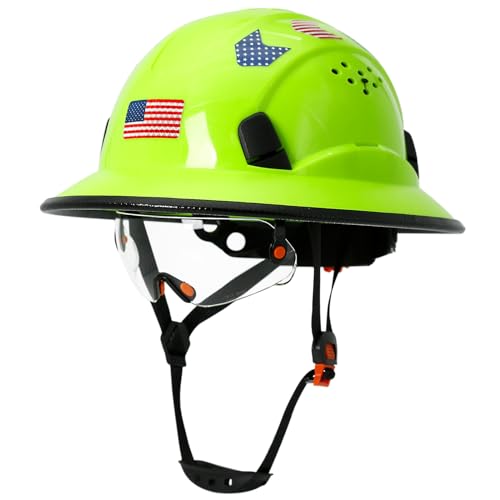 Full Brim Hard Hats Construction OSHA Approved with Clear Visor - ANSI Z89.1 Vented Lime Hard Hat with Chin Strap Cascos De Construccion Safety Helmet for Men Women 6 Point Suspension