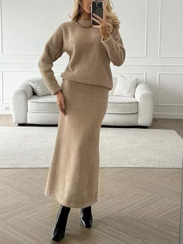 CHARTOU Women's Elegant Sweater Skirt Sets 2 Piece Outfits Fall Fuzzy Crewneck Sweater Fishtail Skirts3