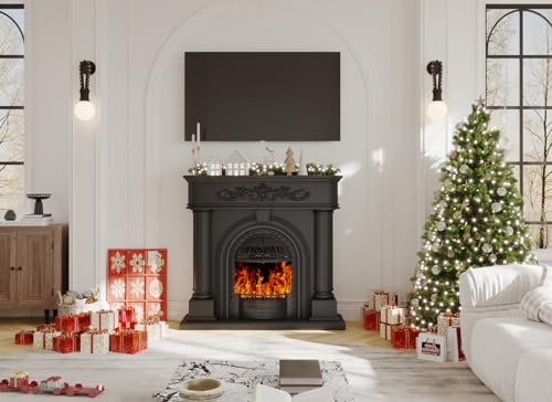 Image of Electric Fireplace with Mantel, Solid Wood 51Inch Fireplace TV Stand with Roman Column for Living Room, Vintage Style Black Birdcage Heater for Home Decor