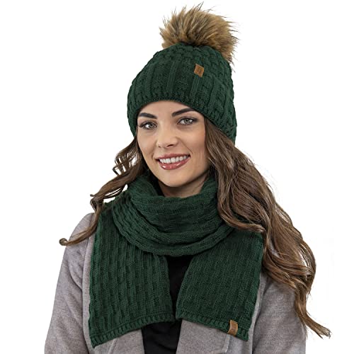 VIVISENCE Trendige Damen Winter Bommelmütze Mit Weichem Vlies-Innenfutter Aus Wärmendem Garn Antistatische Eigenschaften Perfekte Passform Für Kalte Wintertage Modisches Design, Grün,Einheitsgröße
