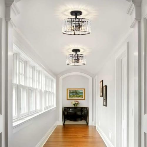 TOULMJ Crystal Ceiling Light, 3-Light Semi Flush Mount Ceiling Lighting Fixture, Black Round Hallway Light Fixtures for Kitchen Entryway Bedroom Laundry Room