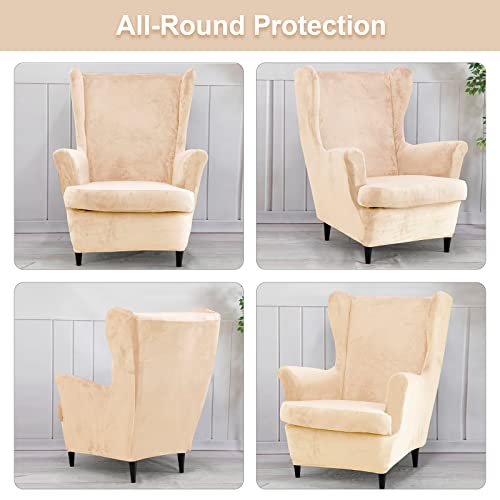 Wing Back Slipcover Velvet Chair Cover,Plush Chair Covers Armchair,Furniture Covers Protector for Living Room Bedroom Decoration (Velvet Beige) - Image 3