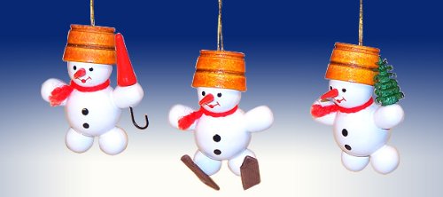 Suspensions Bonhomme de Neige de Seiffen en Bois de l'Erzgebirge Déco Noël x3