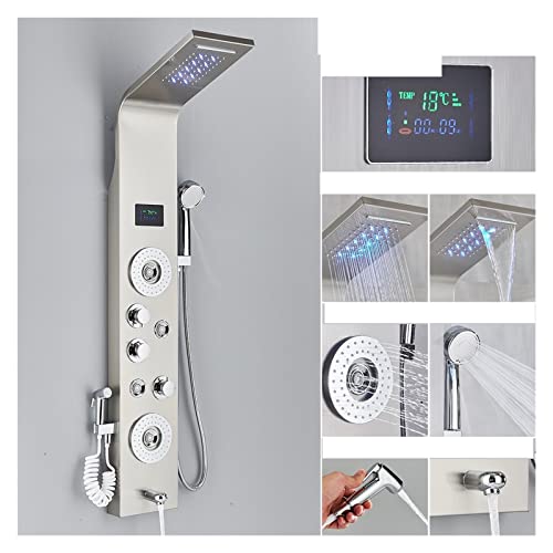 Panneau de douche, LED Noir Robinet De Douche Salle De Bains SPA Massage Jet Colonne De Douche Système Cascade Pluie Panneau De Douche Bidet Pulvérisateur Robinet(Brushed Nickel 8006A)