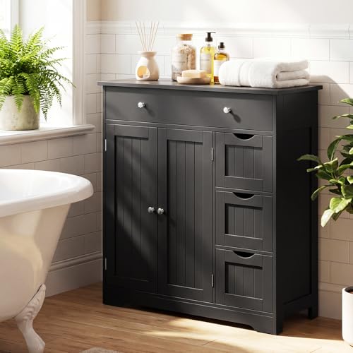 Image of Tangkula Bathroom Floor Cabinet, 4 Drawers, 2 Doors Cabinet (Black) | Large Modern Freestanding Storage Cabinet, Adjustable Shelf, for Bathroom Living Room Entryway Kitchen