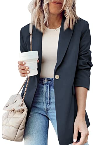 Dokotoo Ladies Business Blazer Jackets for Women Casual Spring for Work Button Open Front Fashion Lapel Solid The Office Jacket with Pockets Navy Blue Small