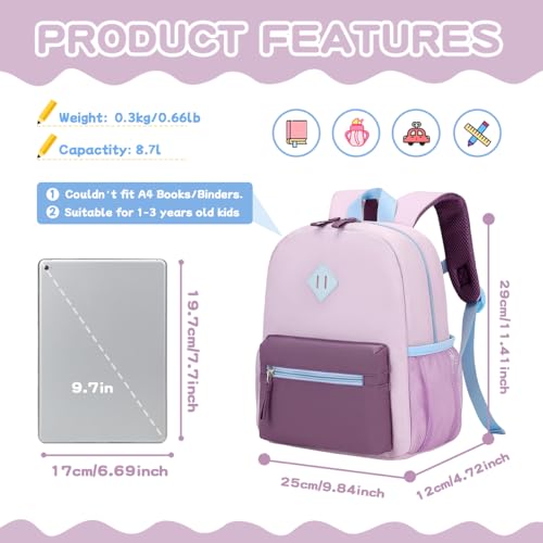 Toddler Backpack for Girls, 12'' Mini Preschool Backpack for Kids Age 2-4 Years Old Small Toddler Bookbag for Kindergarten with Chest Buckle and Reflective Strip, Purple4
