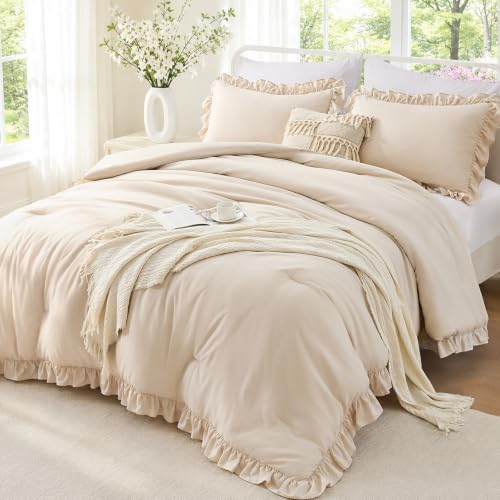Image of FUANNA Full Size Comforter Sets Beige, 3 Pieces Ruffle Full Size Bedding Sets, Fluffy Bed in a Bag Full for All Seasons, Shabby Chic Full Bed Set with 1 Lightweight Comforter & 2 Pillowshams