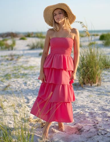 Image of ZESICA Women's Summer Boho Strapless Maxi Dress 2026 Casual Sleeveless Off Shoulder Smocked Tiered Beach Long Sundress
