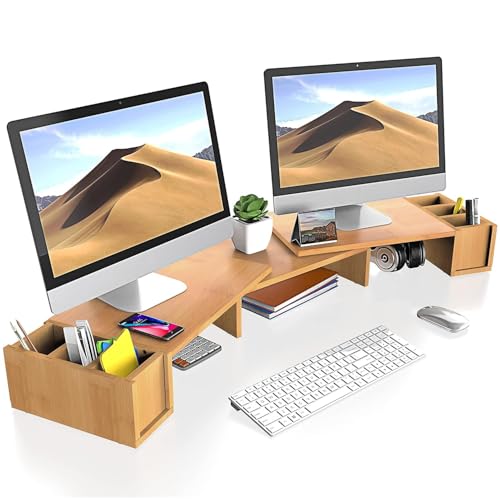 Image of VBM Monitor Riser Stand Bamboo Computer Laptop, Printer, PC with Storage Slot Adjustable Desktop Stand For Home , Office (wooden monitor stand with drawer)