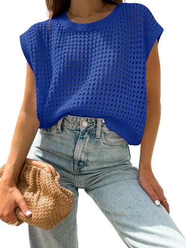 Image of Womens Summer Crochet Tops Hollow Out Cap Sleeve Cover Up Tank Top Pullover Sweater Vest Beach Vacation Clothes