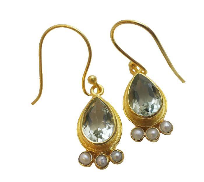 Sophia Rose JewelleryGreen Amethyst and Cultured Freshwater Pearl Gold  Plated Sterling Silver Drop Earrings Handmade Gemstone Jewelry Gift Ideas
