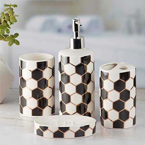 Image of SaSaSa Ceramic Bathroom Accessories Set of 4 Modern Bath Set with Soap Dispenser & Toothbrush Holder, Luxury Home & Gift Idea, White /Black (8351)