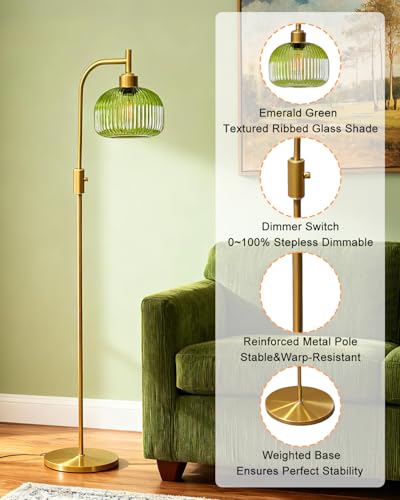 Image of Lightdot 64IN Glass Floor Lamp for Living Room, Dimmable Modern Standing Lamps with Emerald Green Ribbed Glass Lampshade&(Bulb Included), Industrial Floor Lamp for Bedroom Office /