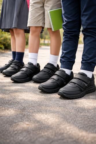 Image of PeniLo Black School Shoes with Double Velcro Straps, Comfortable Athletic Style