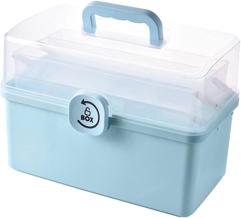 Sooyee Craft Organizers and Storage,Plastic Box with 3-Tier Fold Tray and Handle,Portable Lockable Container for Arts, Crafts,Cosmetic, Sewing, Toy, Washi Tape, Lego,13.4x7.5x8.9 in,Clear/Blue