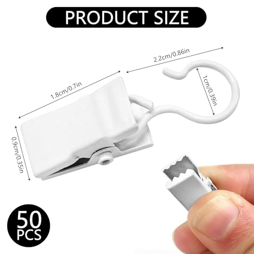 50 Stück Vorhangclips, Vorhangclips mit Haken, Metallclips für Vorhänge, Duschvorhangclips, Lichtaufhänger, Drahthalter für Heimdekorationen, Badezimmer, Duschvorhangdekore (Weiß)