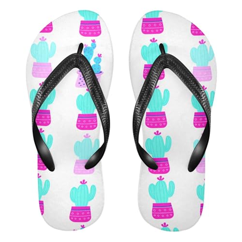 Sinestour Cactus Flower Teal Flip Flops for Beach Thong Sandals Anti-slip Lightweight Beach Slippers for Indoor Outdoor House