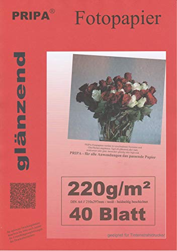 pripa BEIDSEITIG 40 Blatt Fotopapier Photopapier A4 220g/qm - beidseitig glossy (glaenzend) - sofort trocken - wasserfest - hochweiß - sehr hohe Farbbrillianz fuer InkJet (Tinten) - Drucker Cover