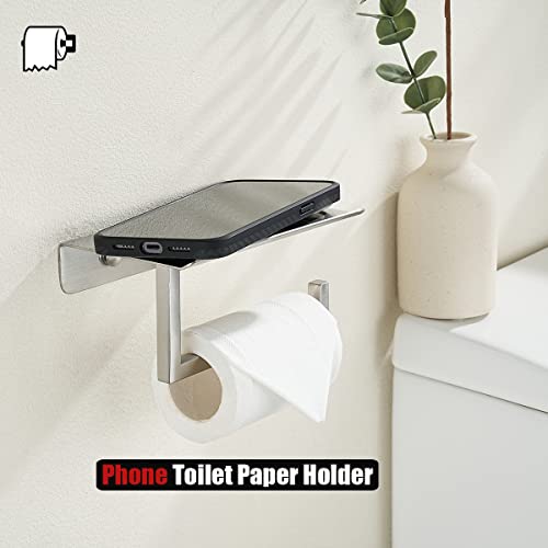Jqk Toilet Paper Holder Shelf, Bathroom Tissue Roll Holder With Phone Shelf, 5 Inch 304 Stainless Steel Tissue Paper Dispenser, Brushed Finished Wall Mount, Tph202-Bn-T #TOP4