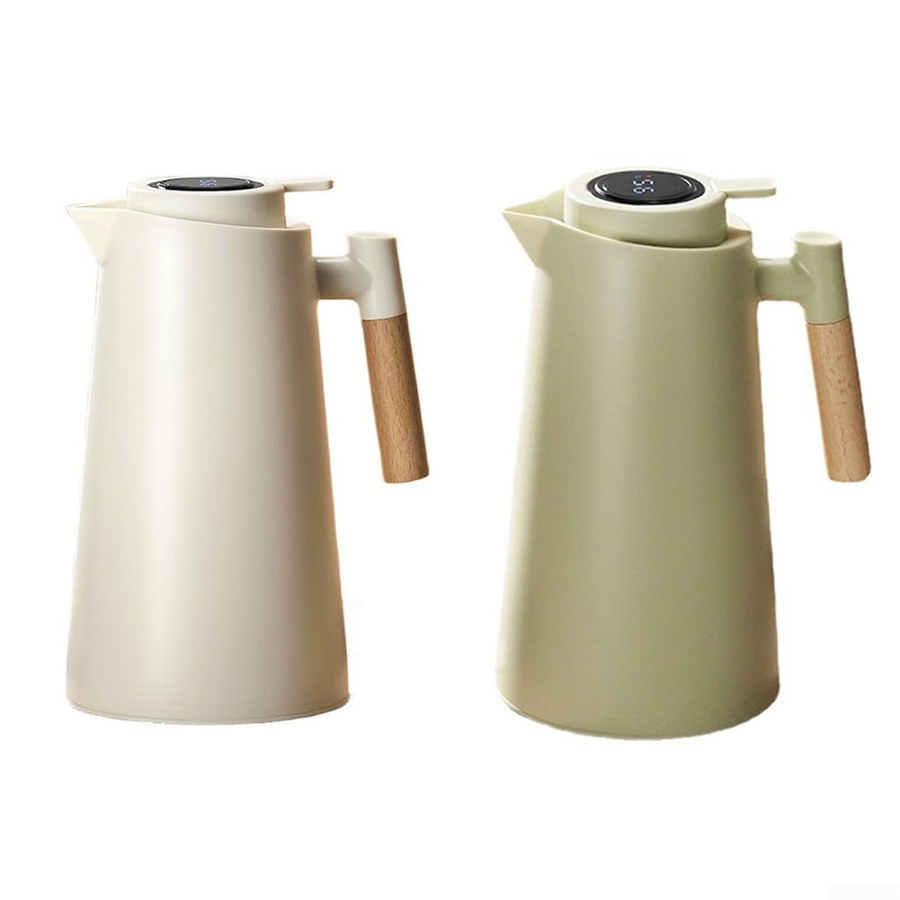 Isolierkanne 1L Glas mit 24h Temperaturhaltung - für vakuum Kaffeekaraffe Holzoptik für griff für Büro Camping