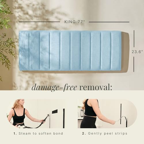 Image of Hearth & Harbor Wall Mounted King Headboard Only, Bed Headboard King Size | Easy Assemble, Floating Peel and Stick, Upholstered, Channel Stitched, 3D Wall Panels, 5 Strips of 3M Tape Included, Ice Blue