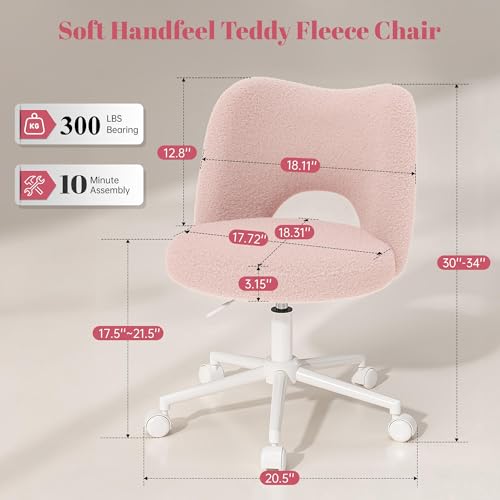 Image of DurayLoly Vanity Chair with Open Back & Wheels,Armless,Pink | Armless,Silent Wheels, Height Adjustable, Soft Teddy Fabric, 360 Swivel for Bedroom Vanity & Home Office, Candy Pink