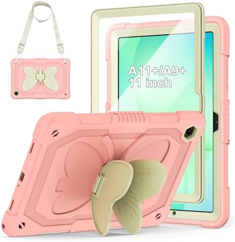 Cover for Samsung Galaxy Tab A11+ Plus/A9+ Plus Case with Screen Protector, Galaxy Tab A11+/A9+ 11 inch 2025/2023 Released with Butterfly Stand Shoulder Strap Shockproof case for Kids Girl, Pink