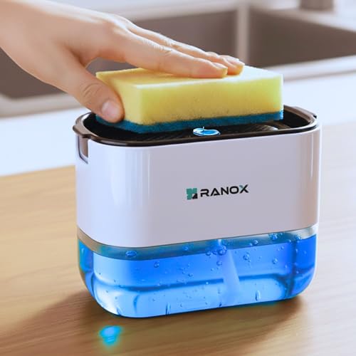 Image of Ranox Soap Dispenser for Kitchen Sink Accessories, Dish Wash Liquid Dispenser Pump 400ml with Sponge Holder, Bathroom Soap Dispensers, Kitchen Sink Organizer (White (Dishwasher))