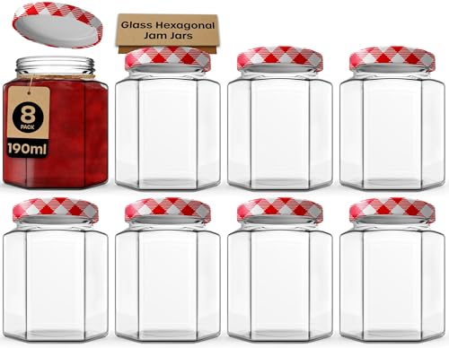 volila Jam Jars with Lids 190ml – 8 Pack Hexagonal Small Jars with Red Gingham Screw Top Lids – Airtight Glass Jars with Lids for Homemade Jam, Marmalade, and Chutney - Glass Jars with Lids