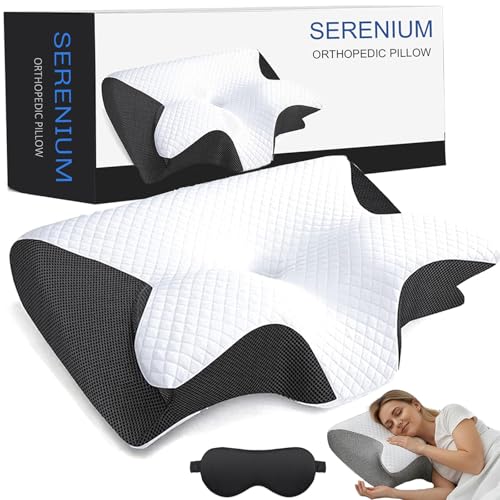 Orthopedic Sleep Pillow Orthopedic Neck Pillow for Sleeping Memory Foam Side Sleeper Neck Pillow with Breathable Pillowcase Ergonomic Contour for Side Back Stomach Sleeper (Black)