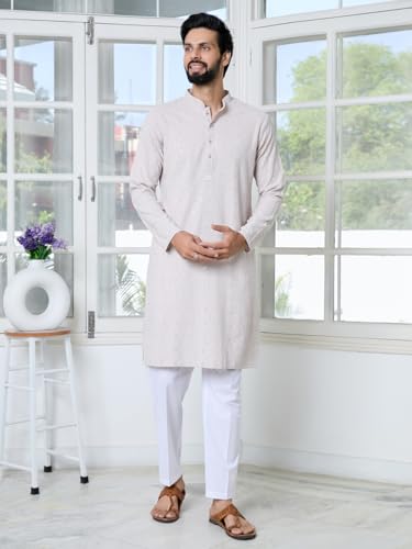 Image of See Designs Men's Full Sleeve Mandarin Collar Geometric Sequins Embroidered Thread Work Straight Long Kurta - Festive Collection