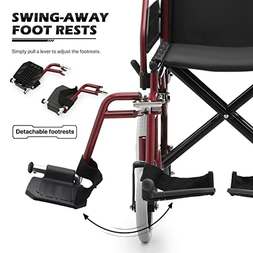 Monibloom Folding Transport Wheelchair With Full Arms And Removable Swing-Away Footrest For Adults Lightweight Foldable 17 Inch Wide Seat Wheel Chair For Compact Storage, 300 Lbs Capacity, Red #TOP5