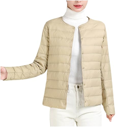 Women Ultra Lightweight Down Jacket Packable Collarless Button Down Quilted Short Puffer Parka Coats Outerwear Pocket