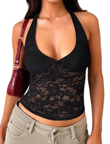 Matunana Womens Lace Halter Tops Going Out V Neck Crop Backless Sleeveless Tank Y2k Cute Sexy Shirt Summer Trendy 2026 Black M
