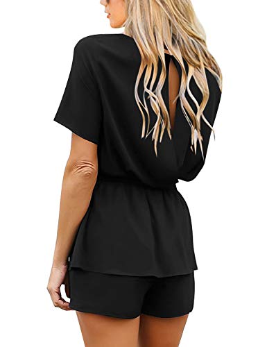 Luvamia B07DK4JF2H Women'S Casual Black Short Sleeve Belted Overlay Keyhole Back Jumpsuits Romper Size X-Large thumb #1