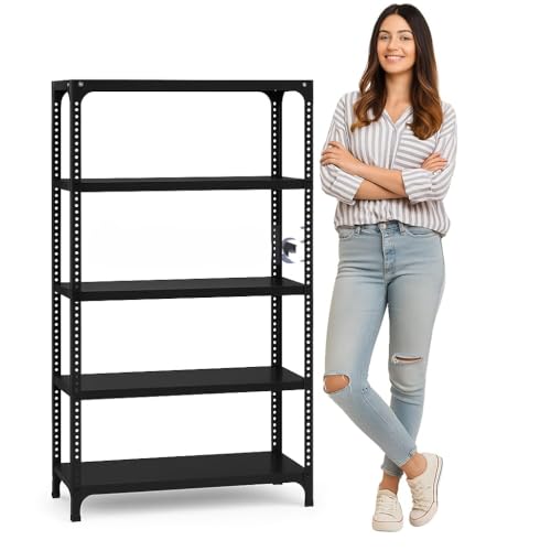Image of Heavy Duty Metal Storage Rack | Multipurpose Steel Shelving Unit for Home, Kitchen, Pantry, Garage, Office & Store Room | Powder Coated Rust Resistant Organizer Rack bin stoarge | Black
