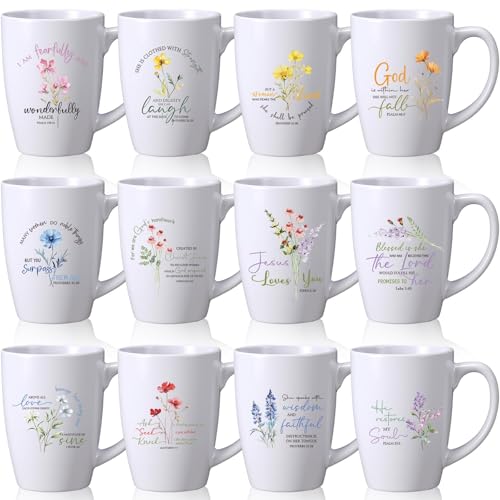 Widecook 12 Pcs Mothers Day Christian Coffee Mug Gifts Set for Women Men 12oz Bible Verses Ceramic Cup Religious Coffee Mugs for Pastor Family Church Party Favors Gifts, No Dishwasher(Flower)