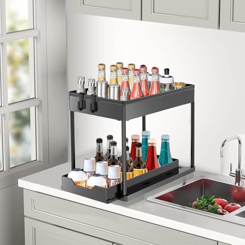Image of YouCopia Multi Trolly Multipurpose Portable Storage Floor Standing Or Tabletop Rack|Trolley with Wheels for Kitchen Storage, Tiered Shelf Kitchen Trolley Modern Kitchen Storage Rack (2-Layer-Black)