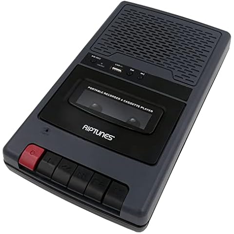 Riptunes Portable Cassette Recorder Player, Tape to USB Audio Music Digital Converter, Retro Shoebox Tape Recorder with USB Player, Cassette-MP3 Converter w/Built-in Microphone -Grey Cover