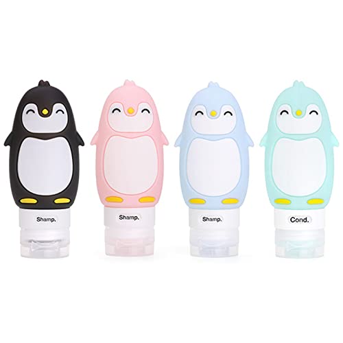 RoseFlower Flacons de Voyage - 4 pièces/90 ml sans fuite mignon dessin animé pingouin contenants de voyage - Bouteille rechargeable pour articles de toilette, shampoing, lotion #1 Cover