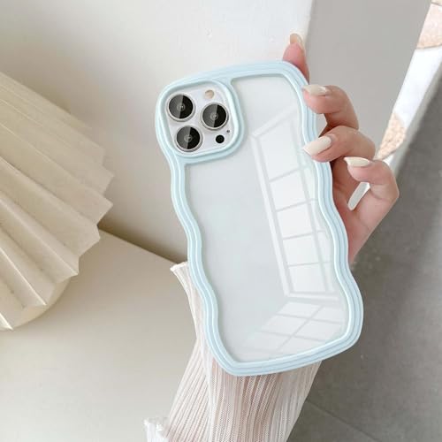 UEEBAI Wave Frame Clear Case for iPhone 12/iPhone 12 Pro 6.1 inch Case Clear, Cute Wavy Phone Case for Girl Slim Fit Shockproof Phone Cover Bumper Translucent Soft Pretty Case for Women - Baby Blue