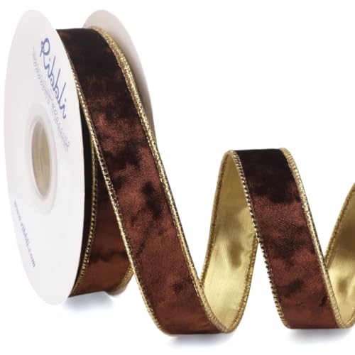 Image of Ribbli Brown Crushed Velvet Wired Ribbon 1 inch x 10 Yds Continuous
